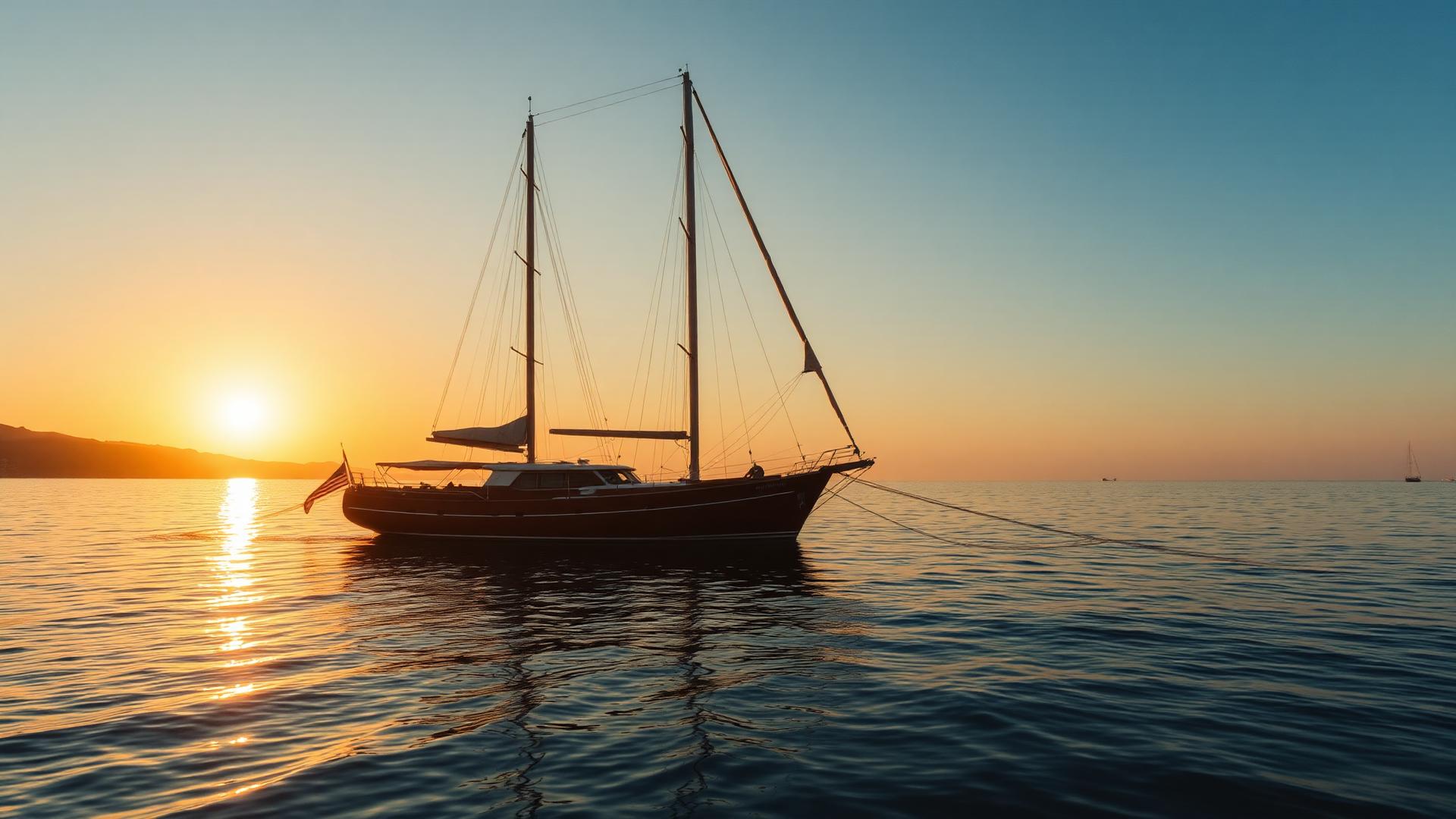 Classic yacht anchored in a calm Mediterranean bay at sunset