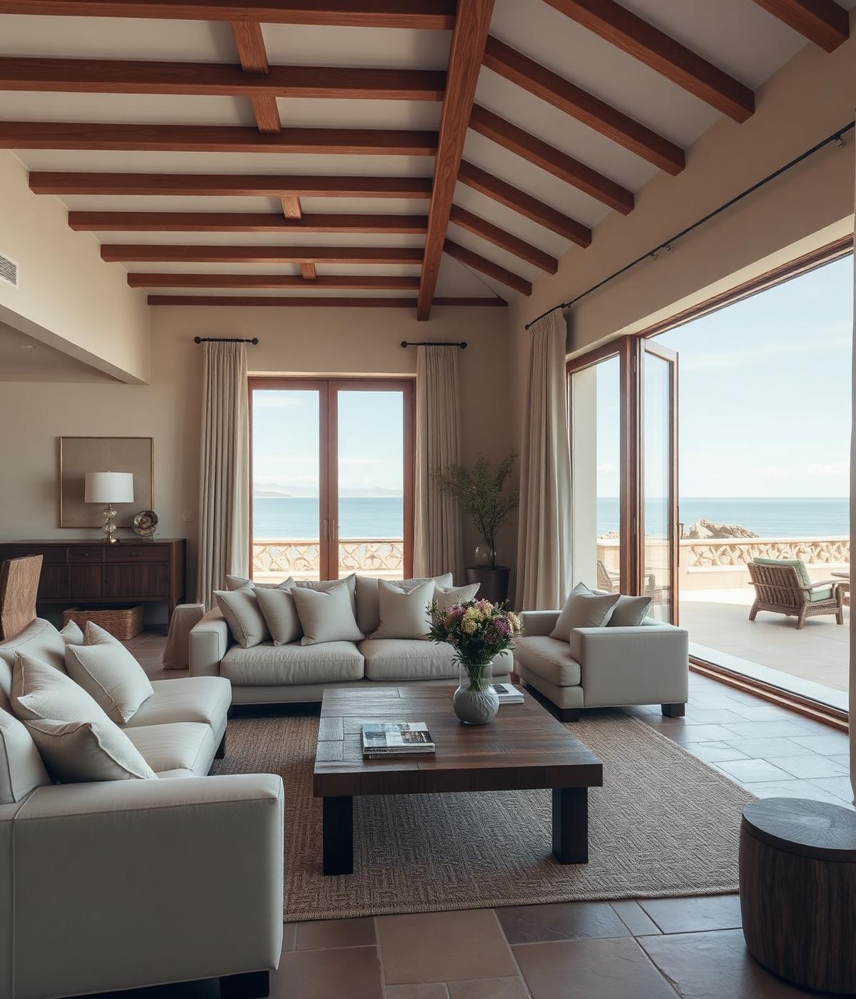 Sunlit villa living room opening onto a sea-view terrace